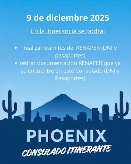El Consulado de Argentina en Estados Unidos tendrá un consulado itinerante en Arizona en diciembre de 2025 (X @arg_clang)