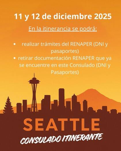 El Consulado de Argentina en Estados Unidos tendrá un consulado itinerante en Seattle en diciembre (X @arg_clang)