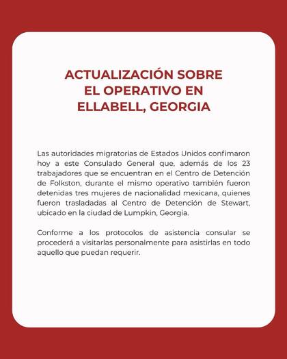 El Consulado General de México en Atlanta publicó las actualizaciones posteriores a la redada en Ellabell (X/@ConsulMexAtl)