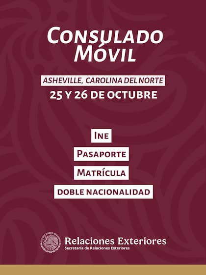 El Consulado General de México en Raleigh publica en sus redes sociales las próximas fechas y ubicaciones del consulado sobre ruedas en Carolina del Norte (Facebook/Consulado General de México en Raleigh)
