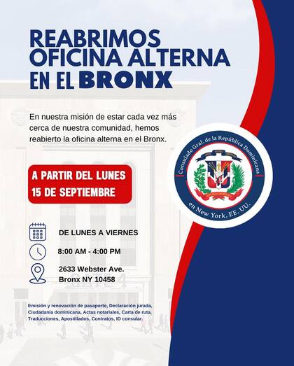 El consulado notifica en sus redes sociales la inauguración o reapertura de sus sedes en Nueva York (Facebook/Consulado Dominicano en NY)