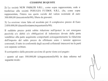 El contrato original por la venta del Perugia que firmaron en septiembre de 2024