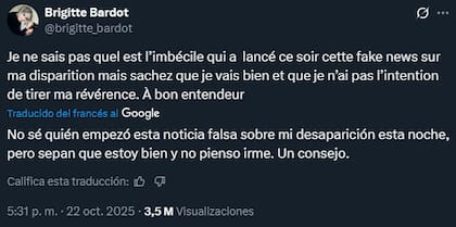 El contundente tuit de Brigitte Bardot