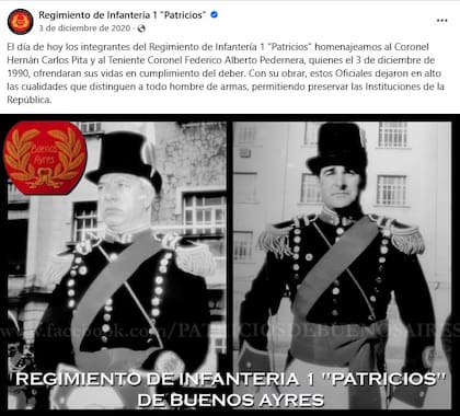 El coronel Pita y el teniente coronel Pedernera (quienes fueron ascendidos post-mortem) homenajeados por el Regimiento de Infantería 1 "Patricios"