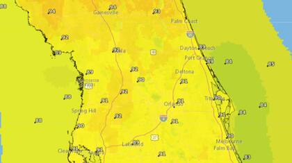 El corredor entre las autopistas I-95 e I-75 al norte de la I-4 será el más afectado, con índices de calor de 105 y 110°F (40,5-43,3°C)