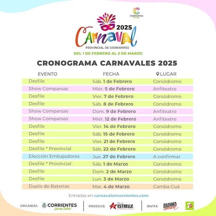 El cronograma completo del Carnaval de Corrientes 2025
