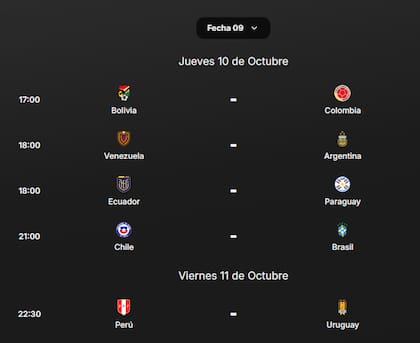 El cronograma de la novena fecha de las eliminatorias de Sudamérica al Mundial 2026