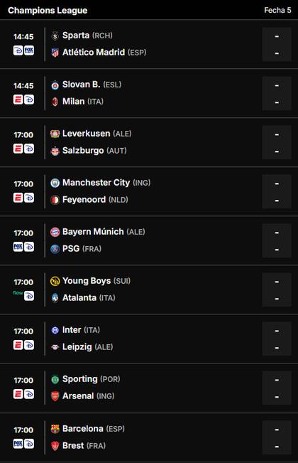 El cronograma de partidos de este martes 26 de noviembre en la Champions League