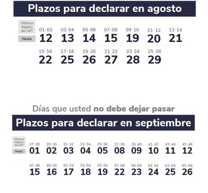 El cronograma para de declaración de renta para colombianos, según el NIT para agosto y septiembre