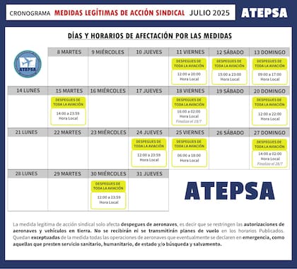 El cronograma que anunció Atepsa de medidas de fuerza para estas vacaciones de invierno