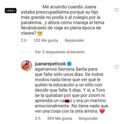 El cruce de Juana Repetto con un usuario de Instagram que la criticó por viajar en medio de la época de clases