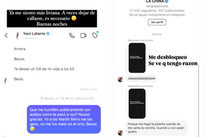 El cruce en redes de la China Suárez y Yanina Latorre; ambas mostraron en Instagram diferentes partes del chat (Foto: Instagram @yaninalatorre @sangrejaponesa)