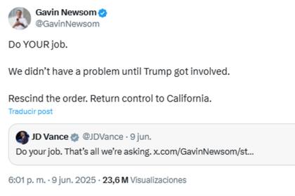 El cruce entre Newsom y Vance en medio de las protestas migrantes en California