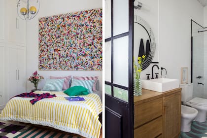 El cuadro de la cabecera se hizo a partir de un textil artesanal comprado en México. Lámpara colgante (Guevara Gallery). En el baño, calcáreos ‘Luneto’ (Noi), espejo biselado (Harturo) y aplique (Iluminación Agüero).