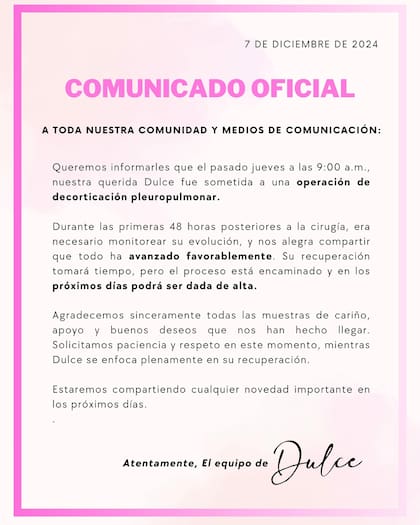 El cuadro de salud de la artista comenzó a agravarse