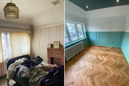 El cuarto de invitados transformado. Eliminaron la chimenea y apostaron por colores pasteles para el espacio