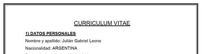 El currículum vitae de Julián Gabriel Leone