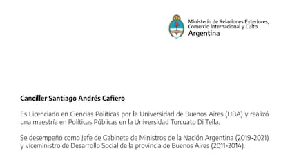 El CV de Santiago Cafiero en la Cancillería Argentina