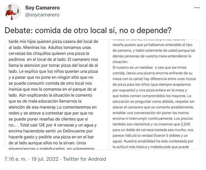 El debate en Twitter sobre si es educado llevar o no comida de otro local.