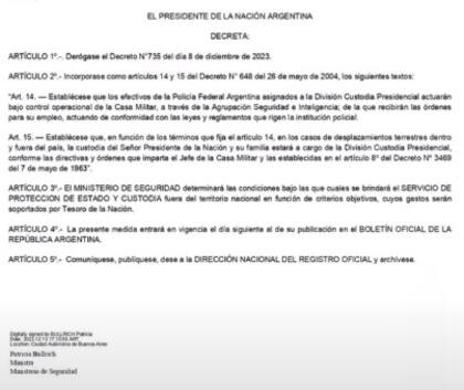 El decreto compartido por Bullrich en su cuenta de X