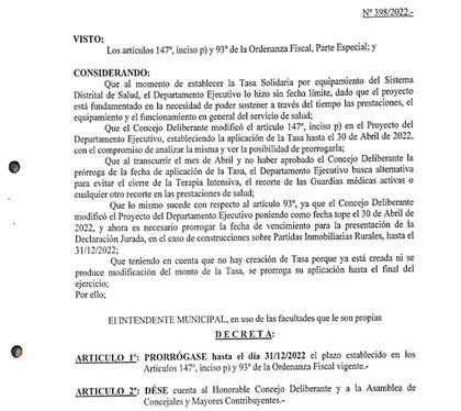 El decreto del intendente Santillán sobre la prórroga de la tasa de salud