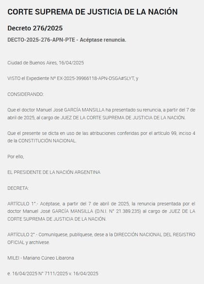 El decreto donde se aceptó la renuncia de Manuel García-Mansilla