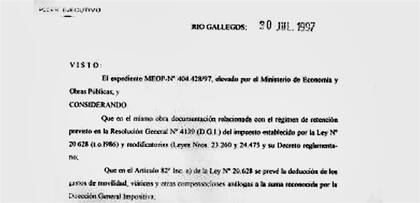 El decreto firmado por el gobernador Kirchner en 1997