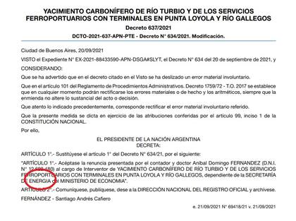 El decreto N° 637 que enmienda el error en el área correspondiente.