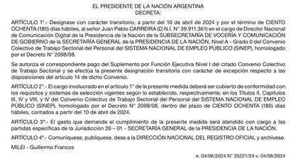 El decreto por el que se oficializó a Juan Carreira como empleado del Gobierno