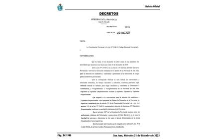 El decreto publicado en el Boletín Oficial en el que se confirma el desdoblamiento de las elecciones en San Juan