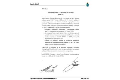 El decreto publicado en el Boletín Oficial en el que se confirma el desdoblamiento de las elecciones en San Juan