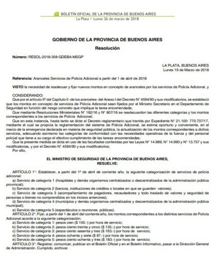 La resolución que establece el aumento en los adicionales policiales