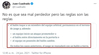 El defensor colombiano Juan Cuadrado también se sumó a las críticas a Pitana.