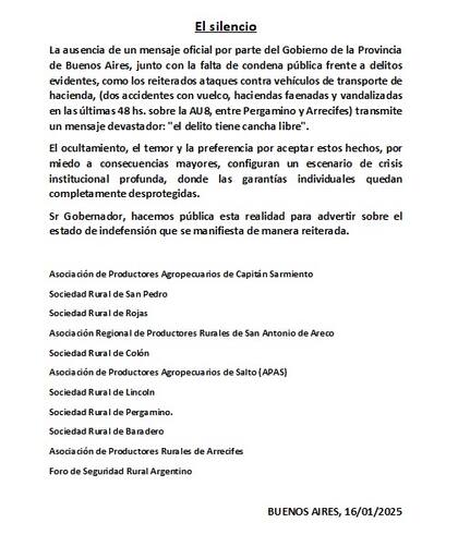 "El delito tiene cancha libre", denunciaron desde la Sociedad Rural y Asociaciones de la región.