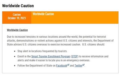 El Departamento de Estado de Estados Unidos emitió un aviso de precaución mundial