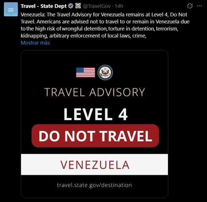 El Departamento de Estado mantuvo la alerta de viaje más alta respecto a Venezuela y pidió a estadounidenses y residentes permanentes que se encuentren en el país que salgan de inmediato