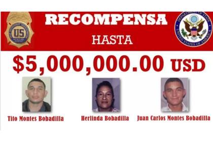 El Departamento de Estado ofrecía una recompensa de hasta US$15 millones (5 millones por cada uno) por Herlinda Bobadilla y sus dos hijos Tito y Juan Carlos Montes.