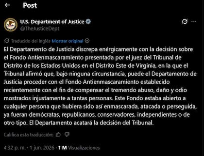 El Departamento de Justicia anunció el lunes que acatará el reciente fallo judicial