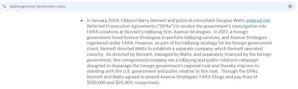 El Departamento de Justicia muestra en sus casos recientes una investigación por presunta violación al FARA que involucró a Barry Bennett