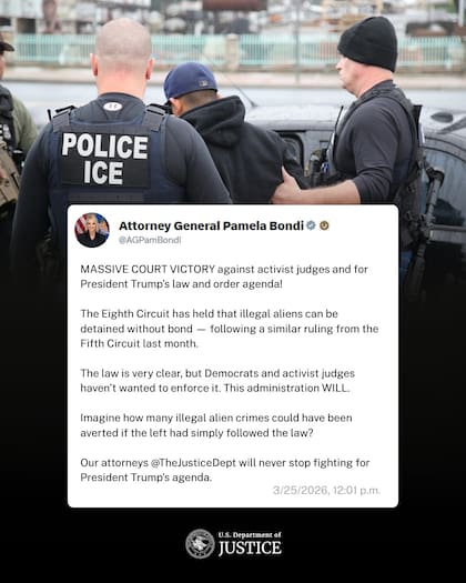 El Departamento de Justicia respaldó a Pam Bondi sobre las detenciones de migrantes