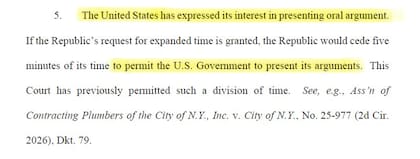 El Departamento de Justicia solicitó intervenir en defensa del Estado argentino en la audiencia prevista para el próximo 16 de abril,