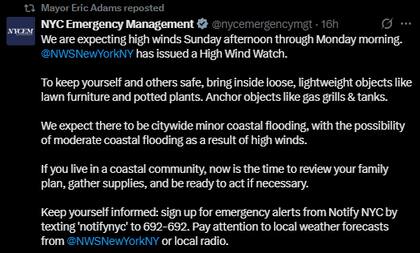 El Departamento de Manejo de Emergencias de Nueva York emitió una alerta por vientos intensos y recomendó a la población asegurar objetos ligeros