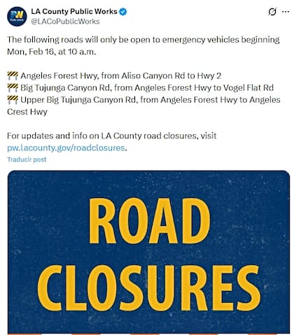 El Departamento de Obras Públicas de Los Ángeles anunció que implementará cierres de carreteras