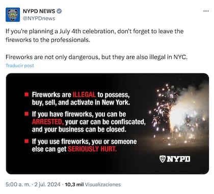 El Departamento de Policía de Nueva York advirtió sobre el uso de pirotécnica durante el Día de la Independencia. Foto: X