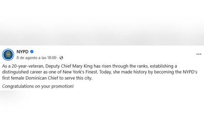 El Departamento de Policía de Nueva York felicitó a King por su promoción