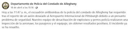 El departamento de policía del condado de Allegheny aclaró que se hizo una inspección de la cual participaron especialistas en explosivos