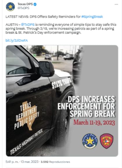 El Departamento de Seguridad Pública de Texas anunció que reforzaría los controles policiales durante las vacaciones primaverales, conocidas como spring break
