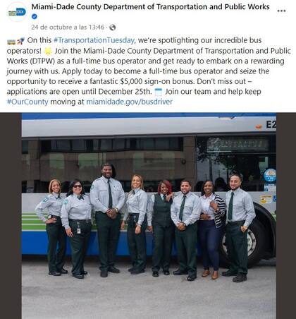 El Departamento de Transporte y Obras Públicas de Miami-Dade ofrece empleo como operador de autobús