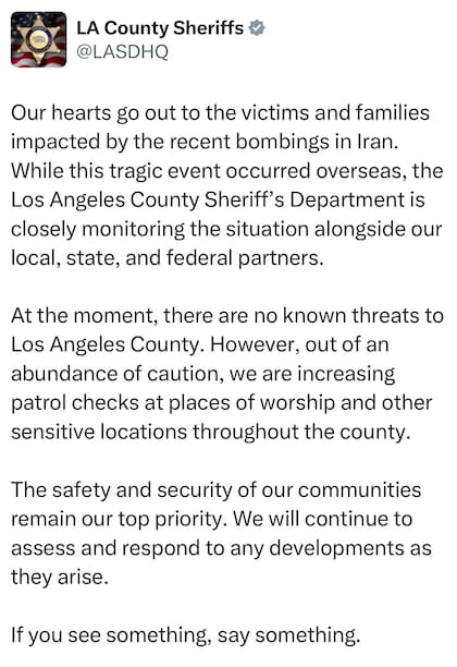El Departamento del Sheriffs del condado de Los Ángeles realizó un llamativo posteo donde expresaba sus condolencias a las víctimas afectadas por los bombardeos