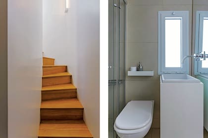 El departamento tiene un pequeño hall de acceso en el que se encuentran la entrada al baño y la escalera, de 60cm de ancho, que lleva al monoambiente.